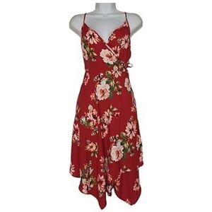 *2 for $10*  Red floral V-neck wrap dress with a symmetrical hem